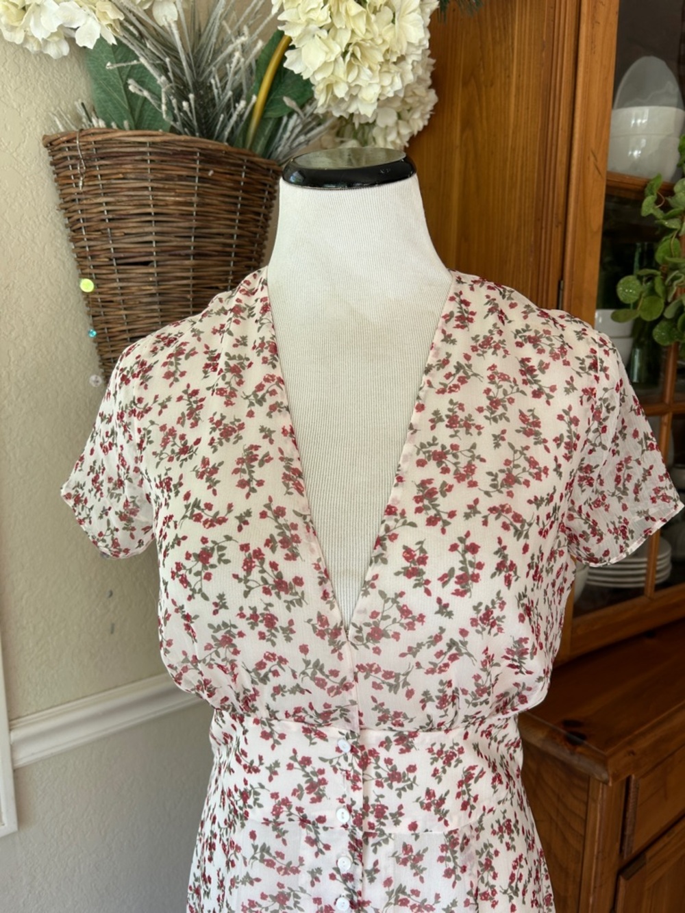East- Order  V-Neck Sheer Button-Front Maxi Dress - Cream with Pink Floral New
